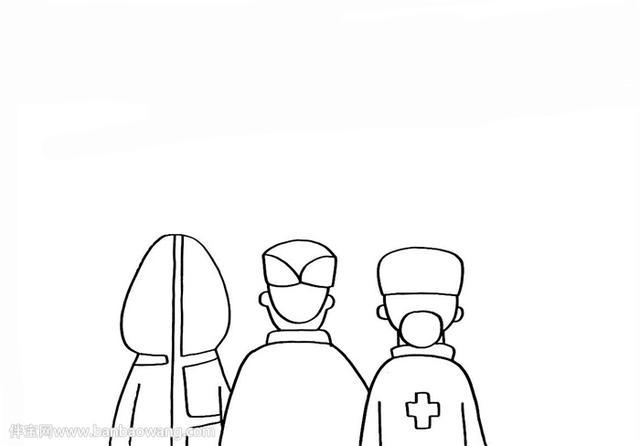 1,首先在手抄报的底部画上三位医护人员,左侧穿着防护服,中间穿着手术