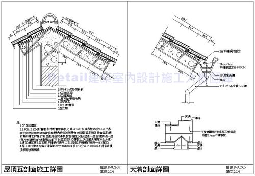 屋顶 施工细部图       屋顶瓦剖面施工详图 天沟剖面详图