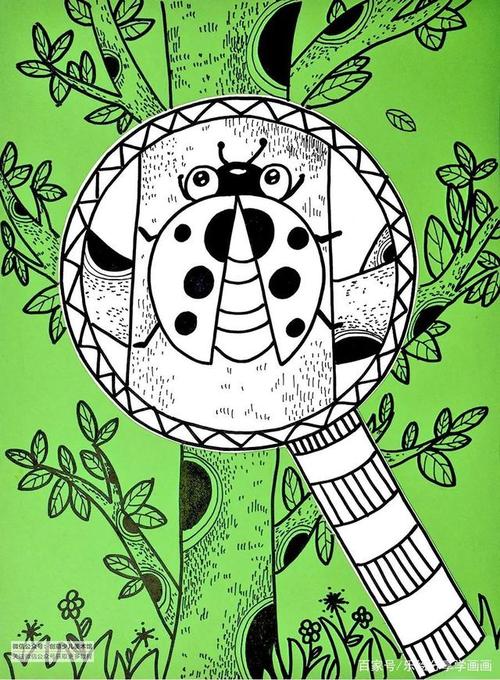 对放大镜下的昆虫进行色彩和线条的细致描绘,并对画面背景进行丰富