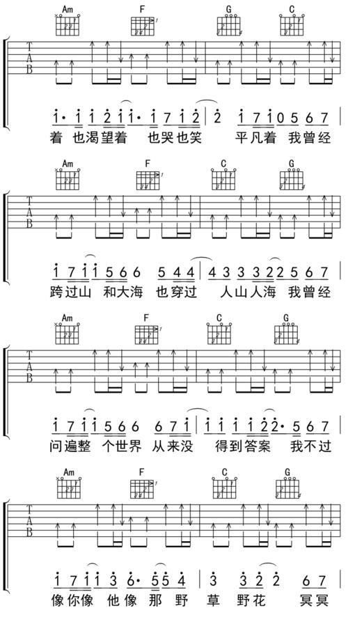 平凡之路吉他谱c调简单版适合新手弹唱的六线谱