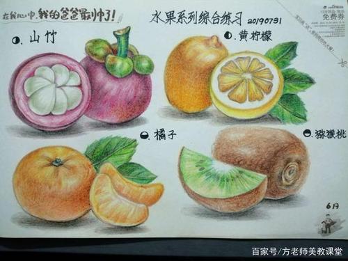 彩铅画水果山竹 柠檬 猕猴桃 桔子组合步骤