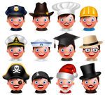 戴着不同帽子的卡通职业人物面部