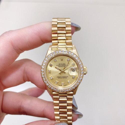劳力士女士18k全金外圈后镶钻自动机械腕表