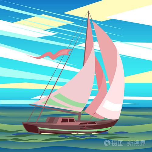 程式化的海景观与漂浮在海浪上的帆船插画-正版商用0