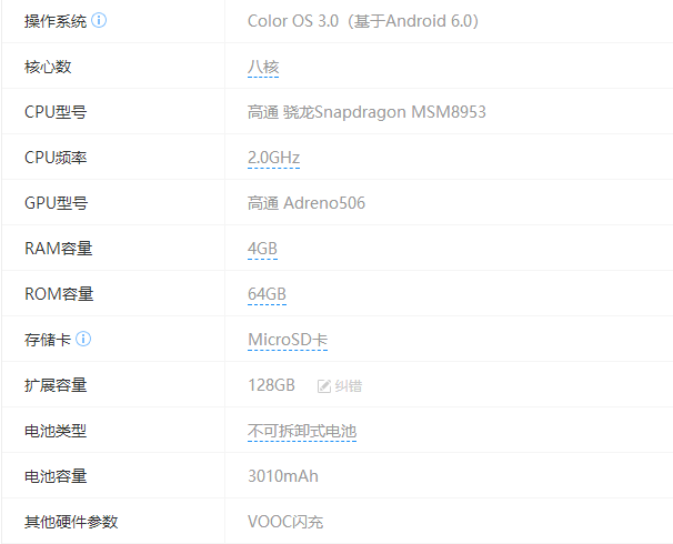 oppo r9s硬件参数如下
