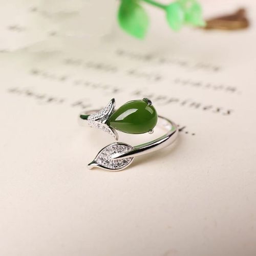 天然玉石和田玉女款s925银镶玉碧玉树叶水滴时尚活口开口戒指礼物