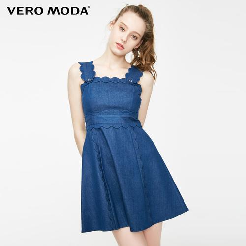 veromoda夏季新款水洗磨白可拆卸背带摆收连衣裙连衣裙