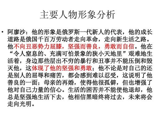 主要人物形象分析   阿廖沙:他的形象是俄罗斯一代新人的代表,他的