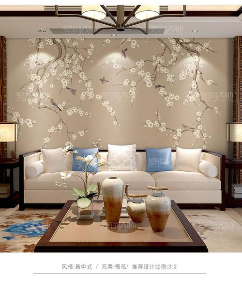 新中式 电视背景墙壁纸 墙布 手绘梅花卧室古典花鸟墙纸定制壁画-淘宝
