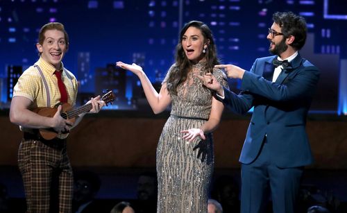ethan slater, left, of "spongebob squarepants:the musical"
