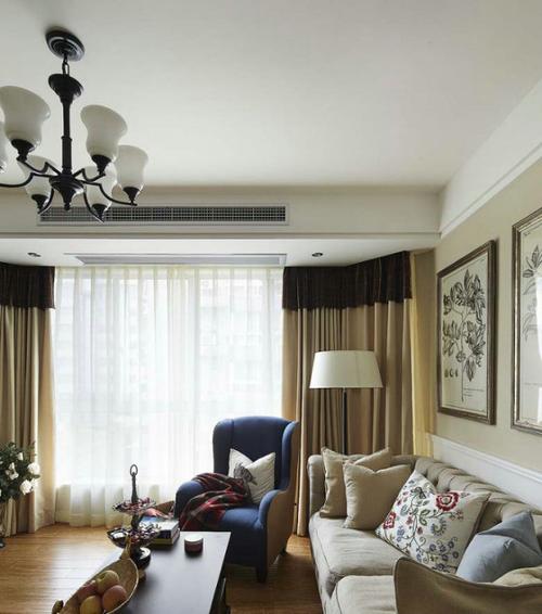 本案为现代美式风格,整体墙面格调采用素色,为避免沉重增加了白色眉线