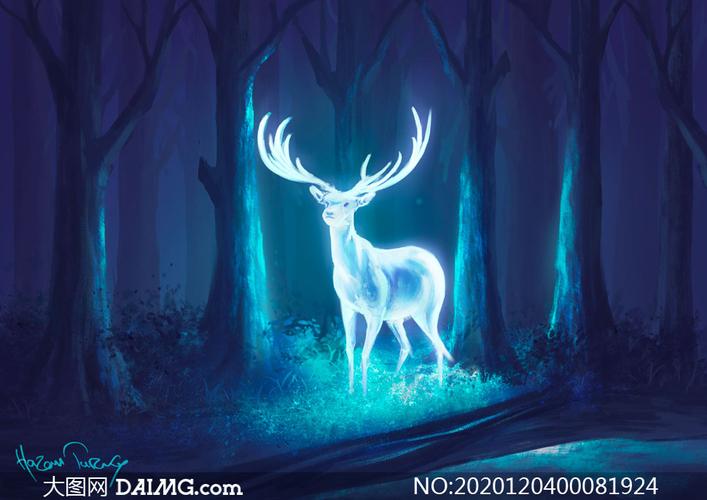 森林中发光的梅花鹿绘画设计图片