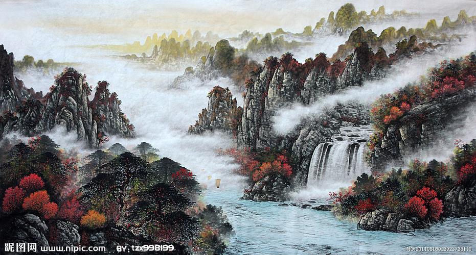 国画秋景山水画图片