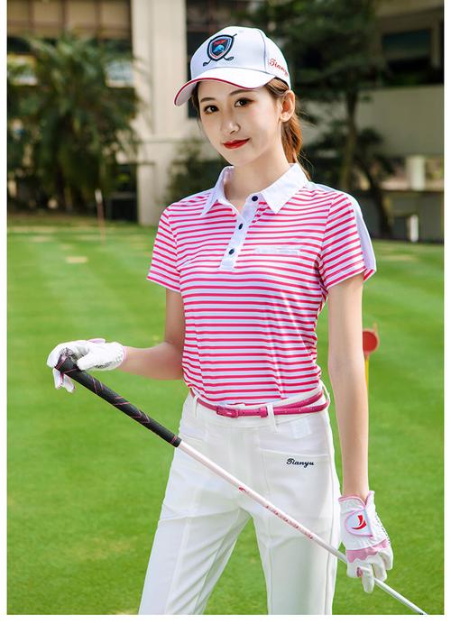 春夏高尔夫球服装 条纹短袖t恤衫女附领结 透气运动衫