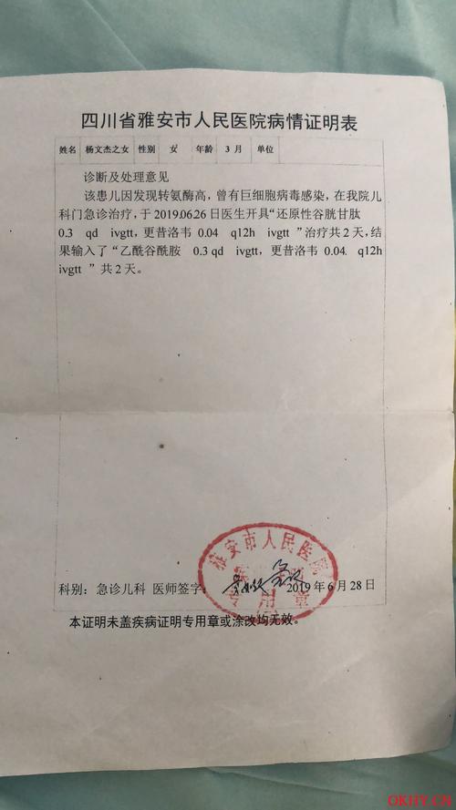 雅安市人民医院病情证明表显示,医生为当事女婴开具还原性谷胱甘肽0.