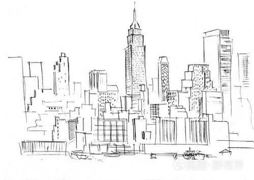 铅笔素描的景观与纽约的摩天大楼的集