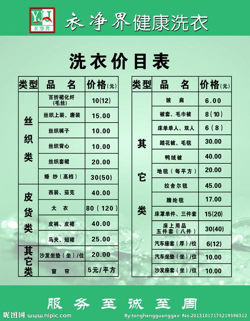 干洗店价目表图片