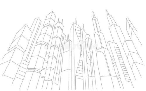 大城市摩天大楼剪影大厦 灰色线骨骼抚摸现代建筑学风景 手拉的传染