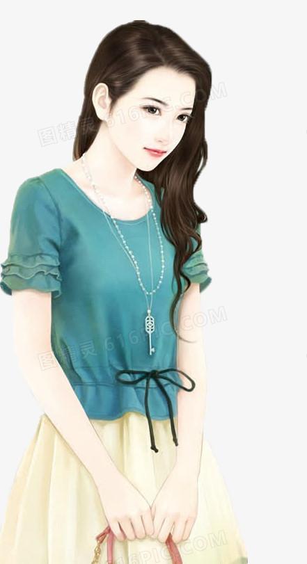 手绘现代蓝衣女子