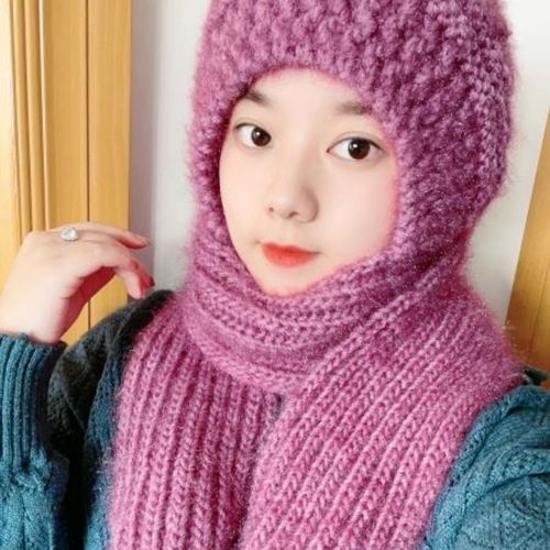 纯手工编织松鼠绒围巾围脖一体帽防寒保暖冬款针织毛线帽子串花帽【12