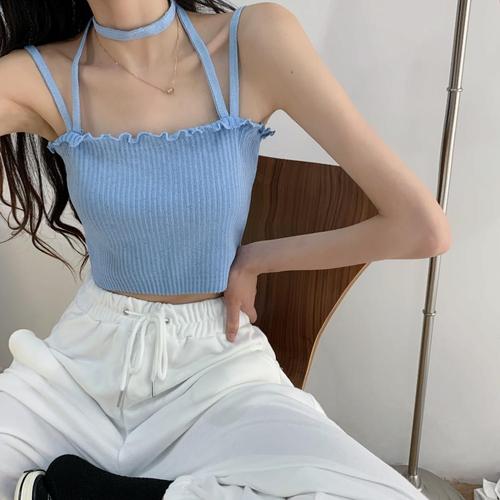 苓影无袖吊带设计感小众外穿2021年新款夏季韩版木耳边挂脖背心女学生