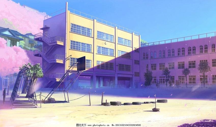 动漫风景蓝天樱花,校园篮球架操场教学楼唯美动漫场景