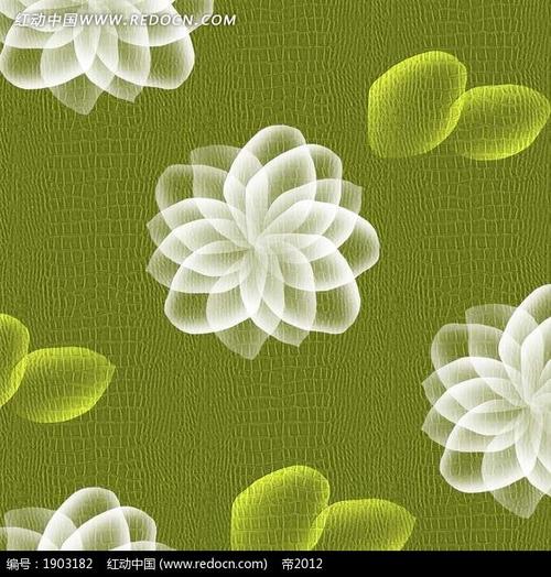 绿色背景上的白色插画花朵和绿色花瓣psd素材