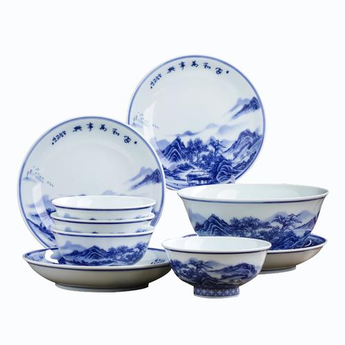 lichen景德镇陶瓷餐具手工山水人家釉下彩青花瓷碗盘碟子套装仿古中式