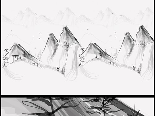 新中式简约手绘创意山水画酒店背景墙装饰画