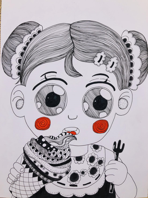 第四步:用线描的知识装饰小女孩.