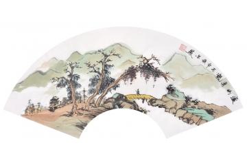 装饰画作品 张金凤新作国画扇面山水《溪山清韵》