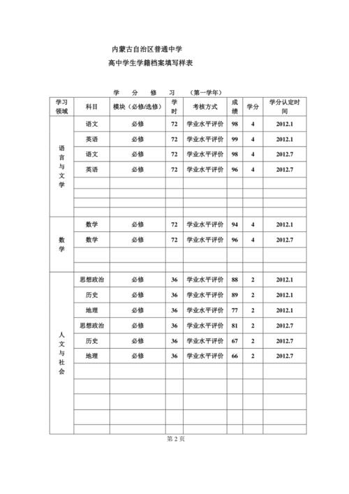 高中学生学籍档案填写样表
