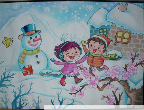 冬天儿童画教师范画欢乐玩雪水彩画