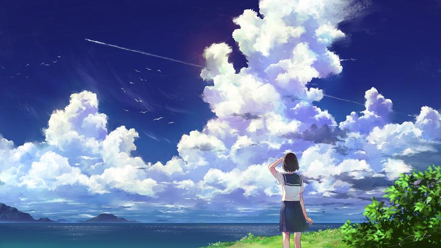 海边 女子 水手服 背影 天空 白云 动漫风景壁纸壁纸