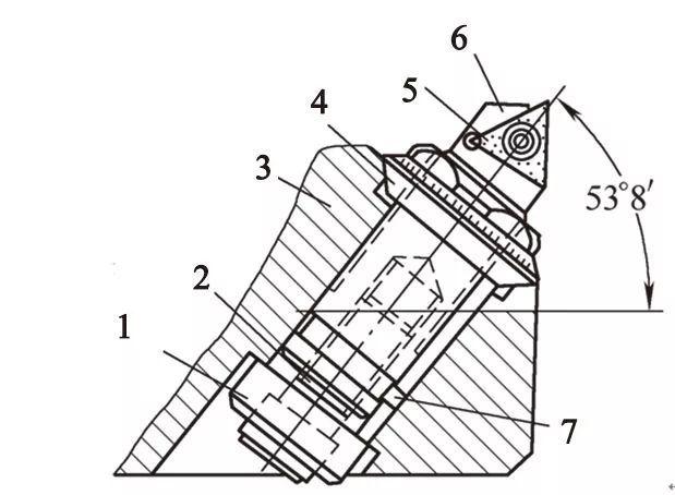 1-垫圈 2-拉紧螺钉 3-镗刀杆 4-调整螺帽 5-刀片 6-镗刀头 7-导向链 3