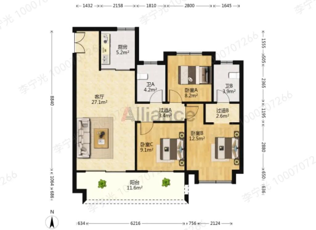 中梁壹号院 117.89平大三室 满二小高第14层 130万