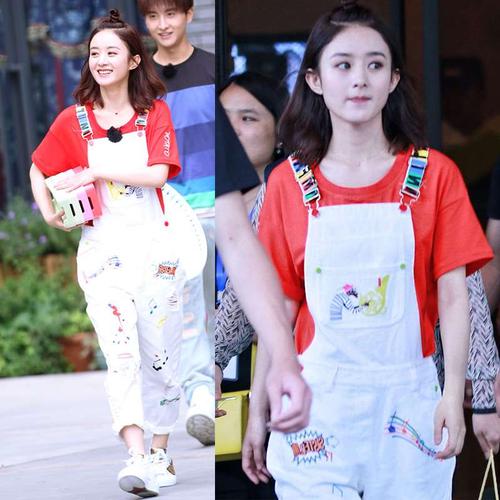 赵丽颖同款ulzzang背带裤女2017春秋新款韩版宽松破洞牛仔 九分裤