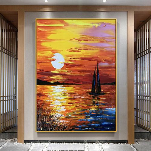 手绘油画日出小船海边轻奢玄关挂画油画