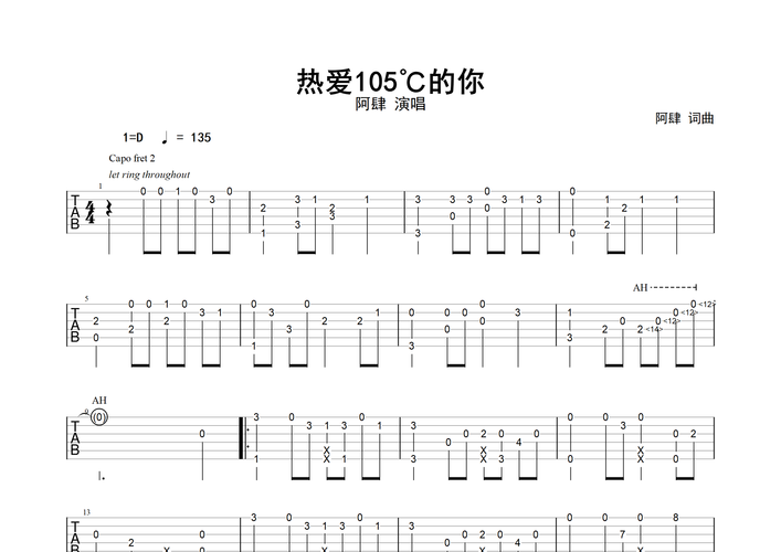 热爱105℃的你(指弹谱)吉他谱(图片谱,指弹,独奏,改编版)_放肆的肆