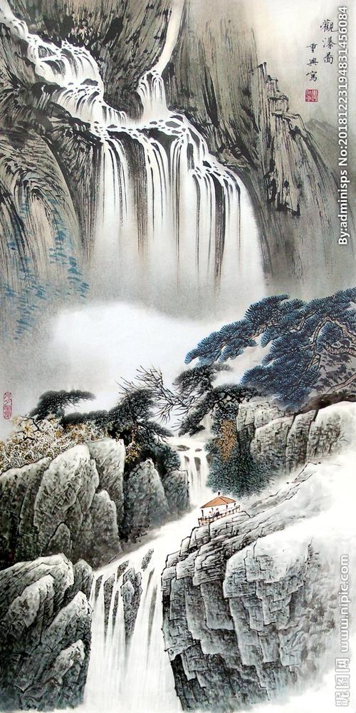 山水风景画高山流水国画水墨玄关图片