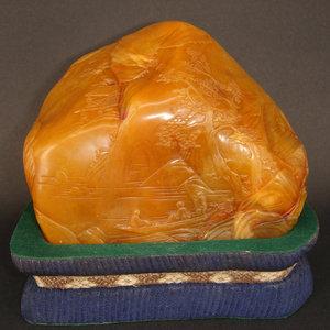 寿山石黄金黄田黄冻石山水摆件名家石卿款雕刻精细全萝卜丝红筋格