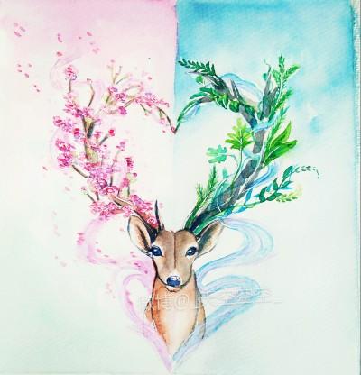 情侣鹿哦~手绘 水彩 插画 水彩插画 小清新 可爱 壁纸 梦幻 彩铅 铅笔