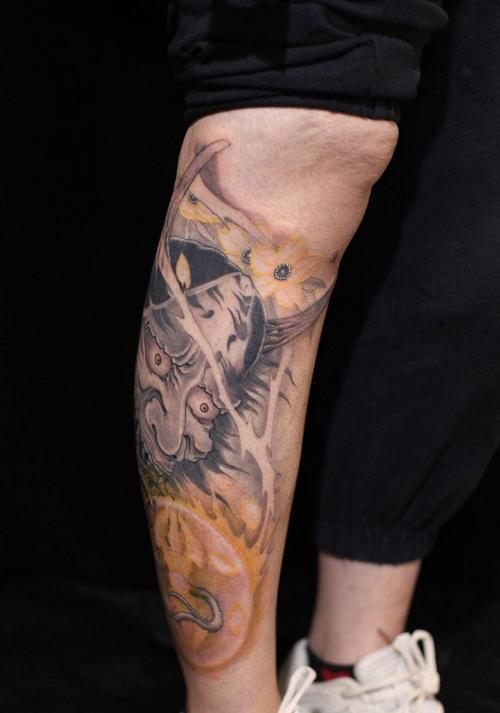 小腿般若纹身图片腿部新传统般若小腿纹身图案