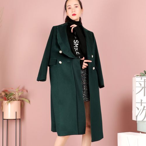 莱茨2021年春季新款显瘦毛呢大衣女中长款气质双面妮子外套橄榄绿