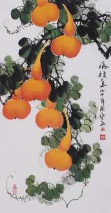 【已售】花鸟画家黄艺三尺竖幅国画葫芦《福禄图》