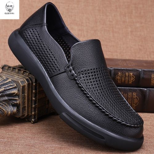 老人头2021夏季男士商务休闲皮鞋头层牛皮软底软皮舒适凉鞋透气洞洞