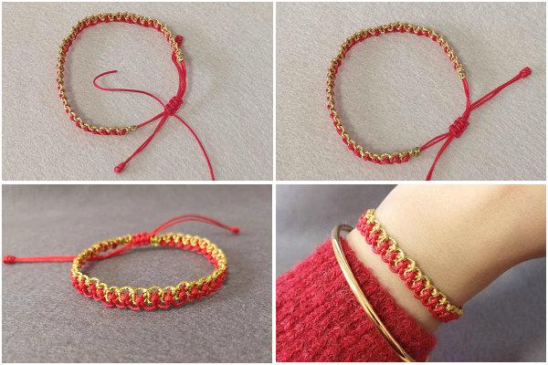 中国结编绳手链教程,diy金配红连理平结本命手绳
