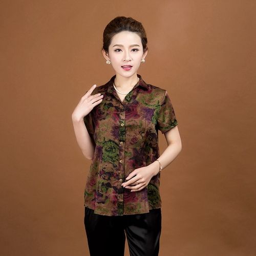 新款缎面真丝妈妈装夏装香云纱莨绸大码短袖上衣中老年桑蚕丝衬衫