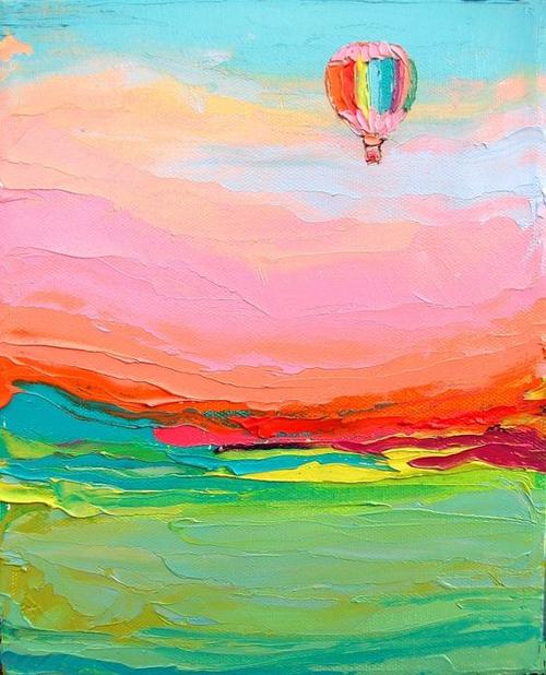 天空中的热气球简单的风景油画作品分享-5068儿童网