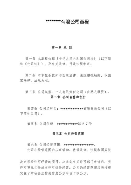 [完整版] 一人有限责任公司章程